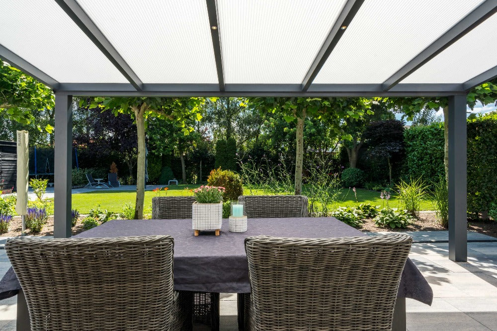 Deponti Giallo Aluminium Pergola Veranda Grey - Inside Shot With the View of Garden